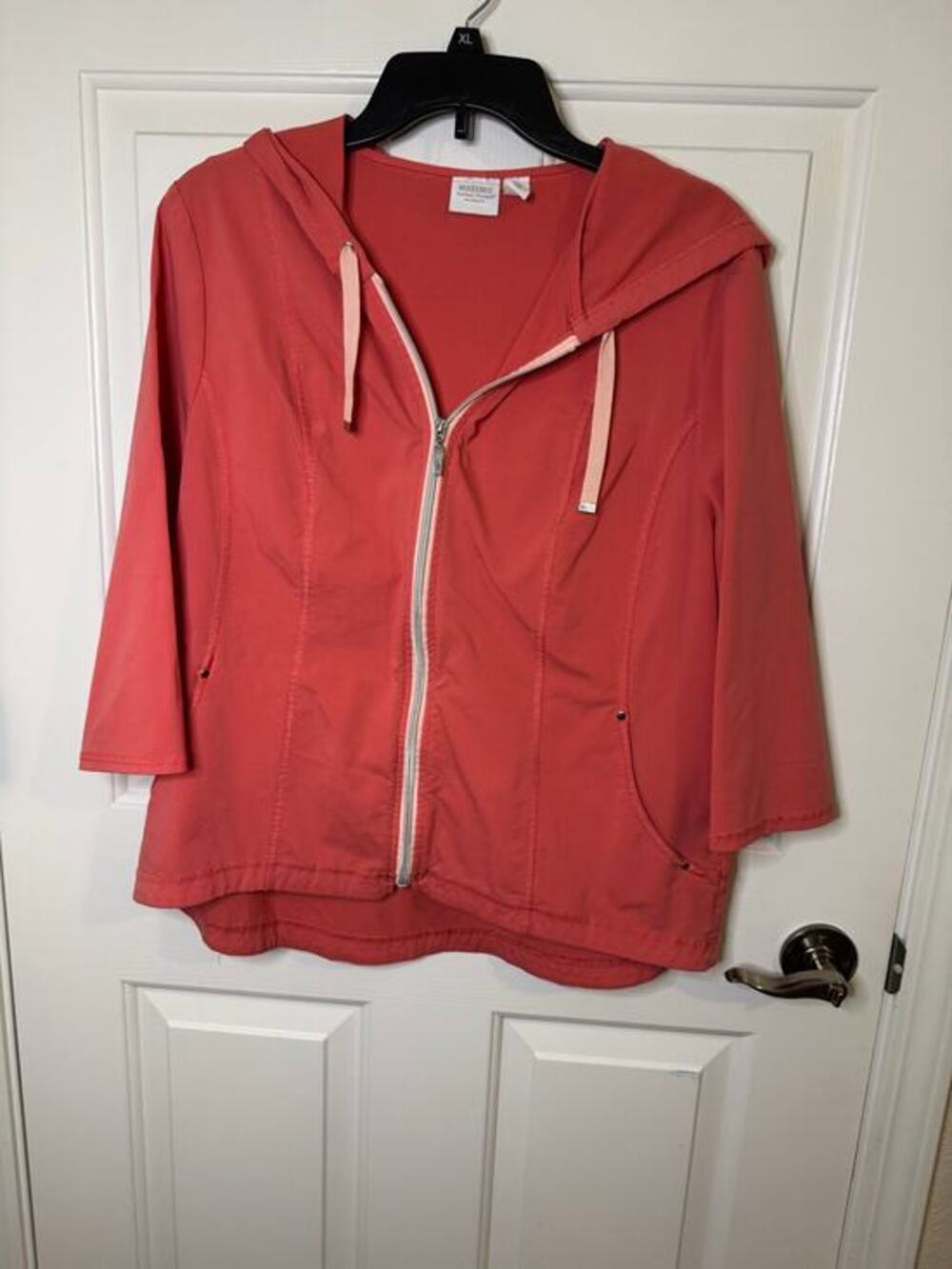 Weekend Perfect Stretch by Chico's Zip Hooded Jacket Coral Pink Pockets 2 (L/12)